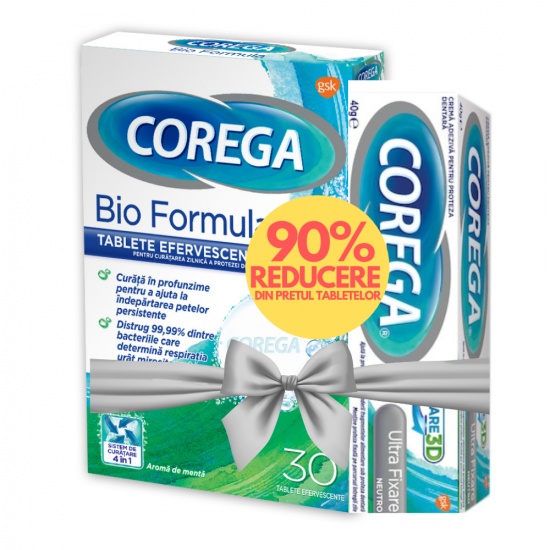 Corega Ultra Fixare Neutro 40g + Corega Tabs Bioformula 30 tablete eff.-90% reducere