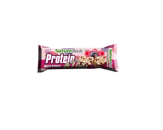 Naturetech baton energizant protein&nuts 21% proteina, fructe de padure/nuci, 45g